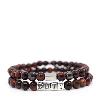 Shar Oke Men's Brown / Silver Red Tiger's Eye & Duty Word Beaded Bracelet Set