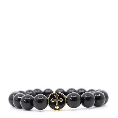 Shar Oke Men's Gold / Black Black Tourmaline & Gold Cross Beaded Bracelet In Multi