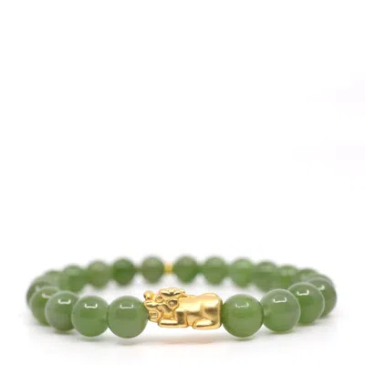 Shar Oke Men's Gold / Green 24k Pure Gold Pixiu & Green Jade Bracelet