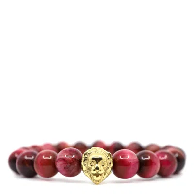 Shar Oke Men's Gold / Pink / Purple Gold Lion Stainless Steel & Red Ruby Pink Tiger's Eye Beaded Bracelet In Multi