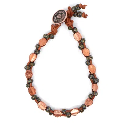 Shar Oke Men's Green / Brown Green & Brown Striped Czech Picasso, Brass Nonagon & Red Brown Leather Bracelet In Multi