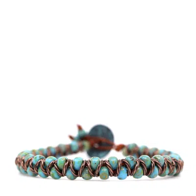 Shar Oke Men's Green / Brown Turquoise Picasso Czech Beads & Brown Leather Beaded Bracelet