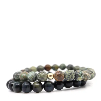 Shar Oke Men's Green / Gold / Blue Tiger's Eye, African Turquoise & 14k Solid Gold Bracelet In Multi