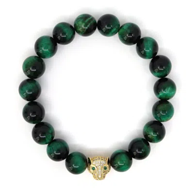 Shar Oke Men's Green / Gold Green Tiger's Eye & Jaguar Beaded Bracelet