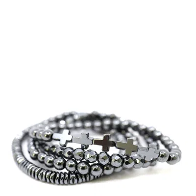 Shar Oke Men's Grey Gunmetal Hematite Bracelet Stack Set