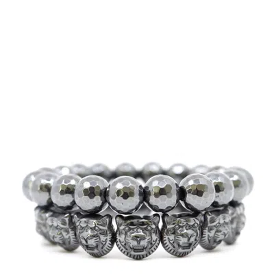 Shar Oke Men's Lion Dark Grey Hematite Beaded Bracelet Set In Gray