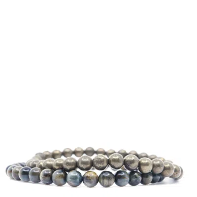 Shar Oke Men's Neutrals / Black / Grey Eagle Eye & Pyrite Beaded Bracelet In Multi