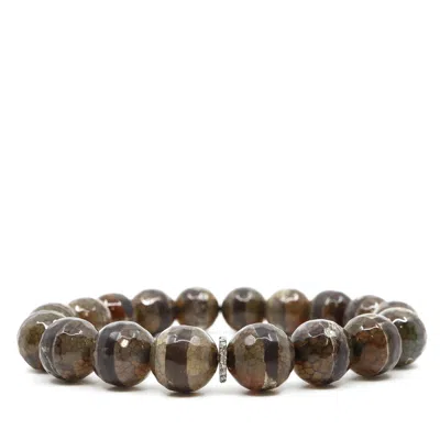 Shar Oke Men's Neutrals / Brown / Silver Agates & Diamonds Beaded Bracelet