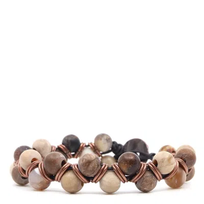 Shar Oke Men's Neutrals / Brown Wood Opalite & Brown Leather Beaded Bracelet