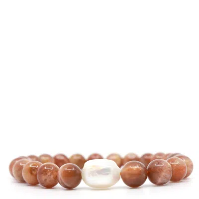 Shar Oke Men's Neutrals / White Sunstone & Freshwater Pearl Beaded Bracelet