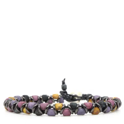 Shar Oke Men's Pink / Purple Purple, Black & Yellow Picasso Czech Beads & Grey Leather Beaded Bracelet