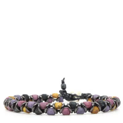 Shar Oke Men's Purple, Black & Yellow Picasso Czech Beads & Grey Leather Beaded Bracelet