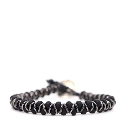 Shar Oke Men's Silver / Black Black Matte Czech & Black Leather Beaded Bracelet