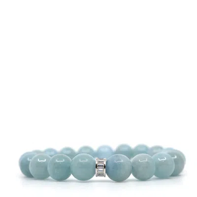 Shar Oke Men's Silver / Blue Aquamarine & Sterling Silver Cz Baguette Bracelet