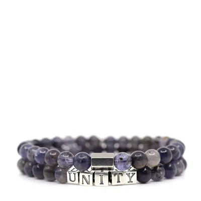Shar Oke Men's Silver / Blue Iolite & Unity Word Beaded Bracelet Set In Multi