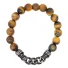 Shar Oke Men's Silver / Brown Stainless Steel Skulls & Brown Tiger's Eye Beaded Bracelet In Multi