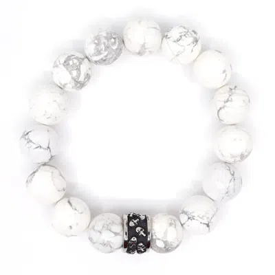 Shar Oke Men's White / Black / Silver White Howlite & Skulls Beaded Bracelet