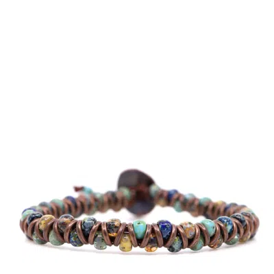 Shar Oke Men's White Blue, Yellow & Turquoise Czech Picasso & Brown Leather Bracelet