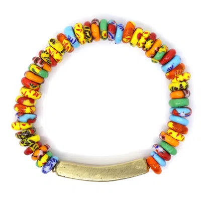 Shar Oke Men's Yellow Mixed Multicolor Medley African Recycled Glass & Brass Beaded Bracelet