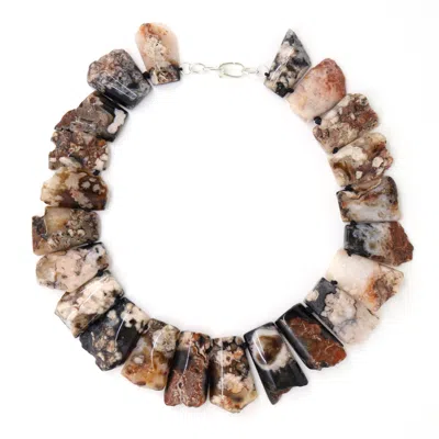 Shar Oke Women's Black / Silver Black Cherry Blossom Agate Necklace