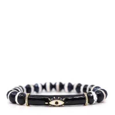 Shar Oke Women's Black / White / Gold Black & White Tibetan Agate & Evil Eye Beaded Bracelet