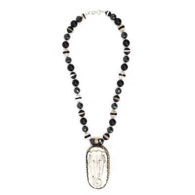 Shar Oke Women's Black / White / Neutrals Black Cubic Zirconia, Onyx & Elephant Bone Pendant Beaded Necklace In Multi