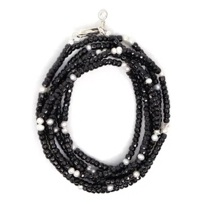 Shar Oke Women's Black / White / Silver Black Cubic Zirconia & Freshwater Pearl Wrap Bracelet In Multi