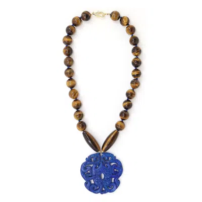 Shar Oke Women's Blue / Brown / Gold Brown Tiger's Eye & Blue Jade Carved Pendant Statement Necklace
