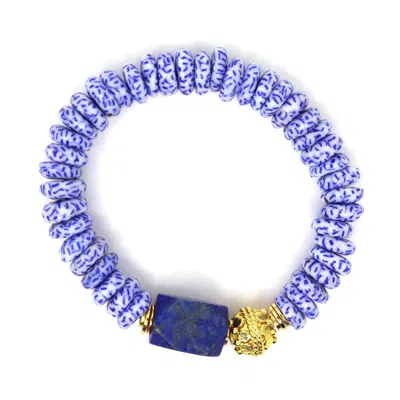 Shar Oke Women's Blue / Gold / White Blue & White African Glass & Lapis Lazuli Bracelet