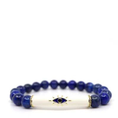 Shar Oke Women's Blue / Gold / White Blue Enamel Evil Eye & Lapis Lazuli Bracelet