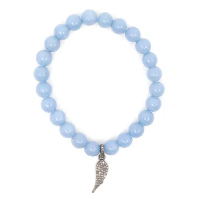 Shar Oke Women's Blue / Silver Blue Angelite & Angel Wing Diamond Charm Beaded Bracelet