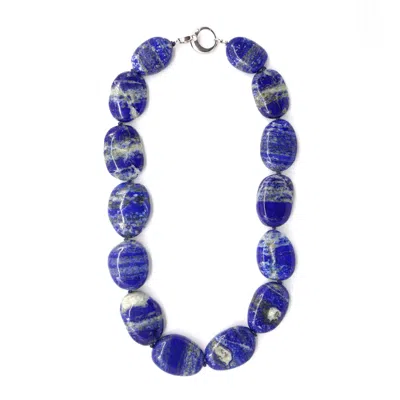 Shar Oke Women's Blue / Silver Lapis Lazuli Pebble Silk Knotted Beaded Necklace