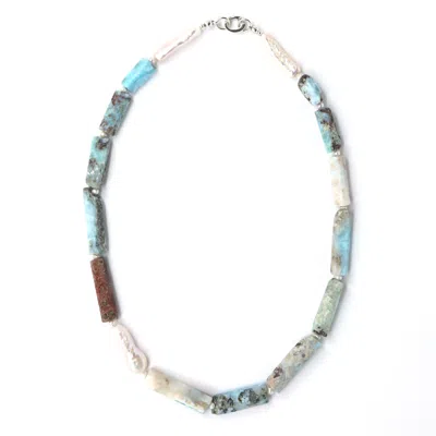 Shar Oke Women's Blue / Silver / White Larimar & Freshwater Pearls Necklace In Blue/silver/white