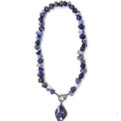 Shar Oke Women's Blue / Silver / White Sodalite Silk Knotted Diamond Pendant Necklace In Blue/silver/white