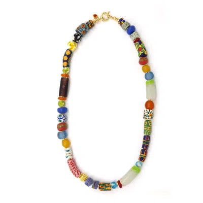 Shar Oke Women's Gold African Recycled Glass Multi Colour Bead Necklace