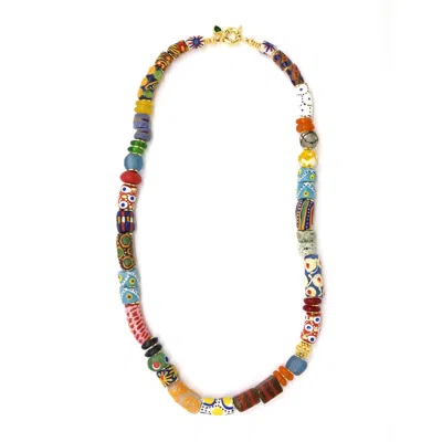 Shar Oke Women's Gold African Recycled Multi Colour Glass Bead Necklace