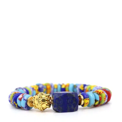 Shar Oke Women's Gold Blue Medley African Glass & Lapis Lazuli Bracelet