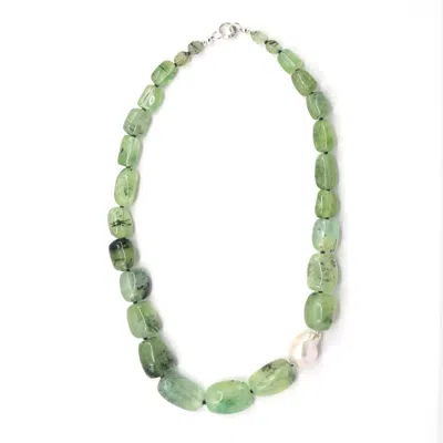 Shar Oke Women's Green / Black / Silver Prehnite & Freshwater Pearl Necklace In Green/black/silver