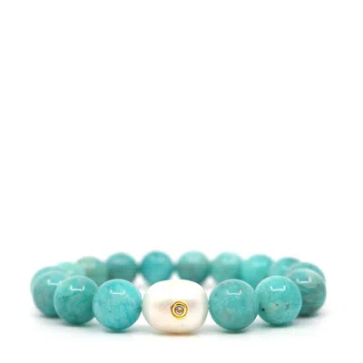 Shar Oke Women's Green / Gold / White Amazonite & Freshwater Pearl Bracelet In Green/gold/white