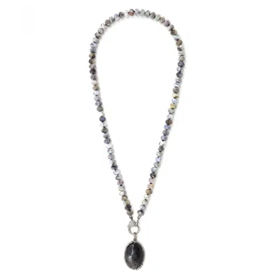 Shar Oke Women's Grey / White / Black Dendritic Opal, Silver Obsidian & Diamond Silk Knotted Bracelet In Gray