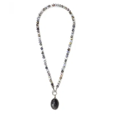 Shar Oke Women's Grey / White / Black Dendritic Opal, Silver Obsidian & Diamond Silk Knotted Necklace In Metallic