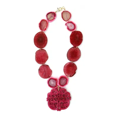 Shar Oke Women's Pink / Purple / Gold Pink Agate & Jade Carved Pendant Statement Necklace