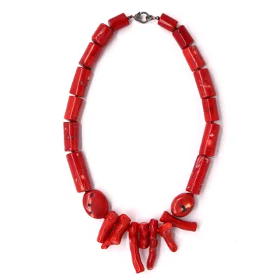 Shar Oke Women's Red / Silver Coral Statement Necklace