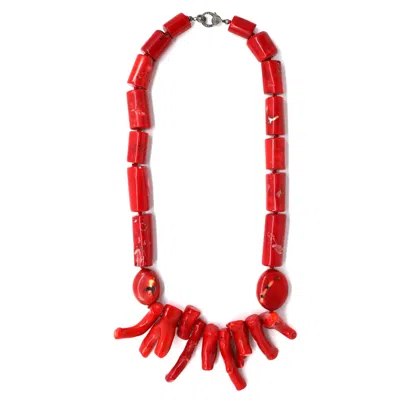 Shar Oke Women's Red / Silver Red Coral Statement Necklace