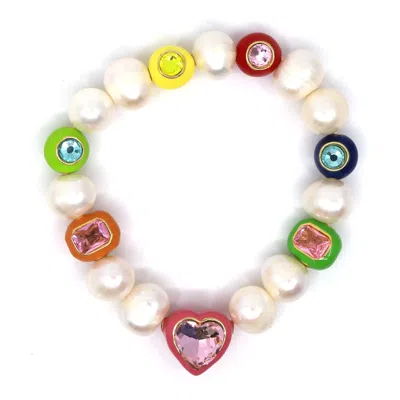 Shar Oke Women's White Freshwater Pearls & Multicoloured Gems Bracelet