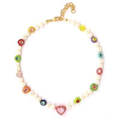 Shar Oke Women's White Freshwater Pearls & Multicoloured Gems Necklace