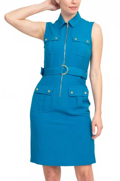 Sharagano Belted Zip Front Dress With Pockets In Blue Curacao