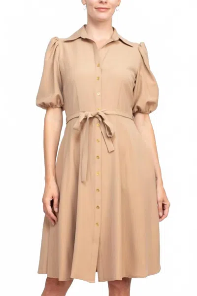 Sharagano Collared Short Sleeve Button Front Closure Dress With Pockets In Sand In Brown