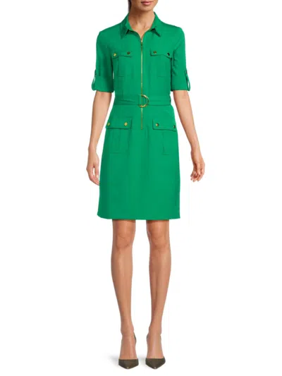 Sharagano Women's Belted Zip Shirt Dress In Shamrock Green | ModeSens