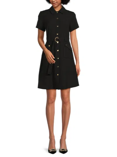 Sharagano Women's Point Collar Belted Shirt Dress In Very Black